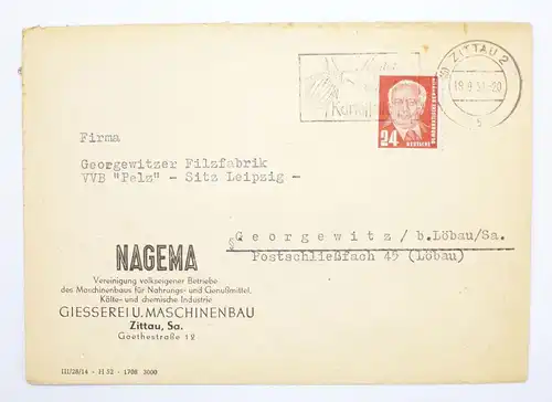 Dresden Neumann u Pelz Firmenbrief Filwarenfabrik Stempel Post Mietbehälter 1955
