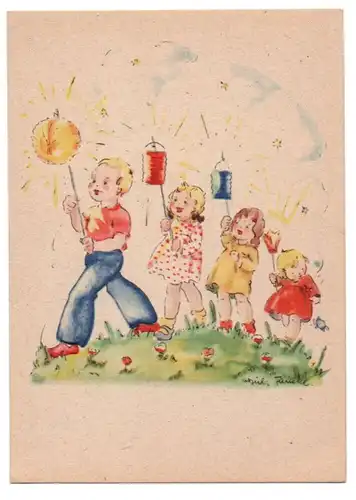Künstler Ak Ursula Funcke 1950er Kinder mit Lampions