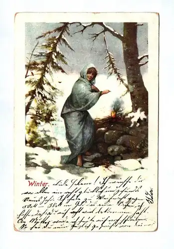 Ak Winter Frau am Feuer 1907