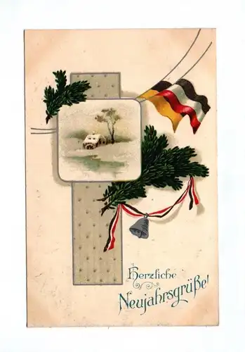 Ak Herzliche Neujahresgrüße 1916 Fahnen Zweige