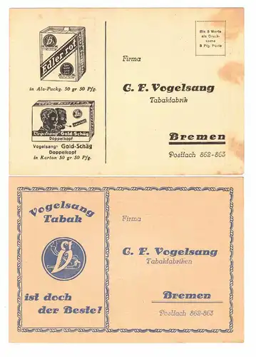 2 Bestellkarten Vogelsang Tabak Bremen um 1930 ! (B7