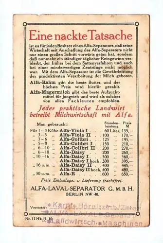 Reklame Ak um 1910 Alfa Laval Seperator Berein Landwirtschaft