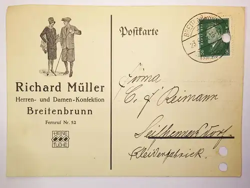 Reklame Postkarte Richard Müller Herren Damen Konfektion Breitenbrunn 1929  (B1