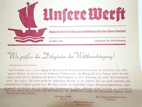 Prospekt Unsere Werft SED Betriebsgruppe Volkswerft Bau Union Stralsund 1949