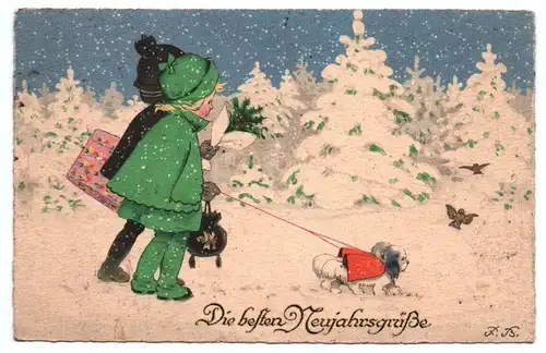 Künstler Ak Kinder mit Hund Die besten Neujahrsgrüße 1924 Fritz Baumgarten