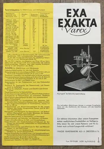 Flyer EXA EXAKTA Varex Kleinbild Spiegelreflexkameras für alle Ansprüche