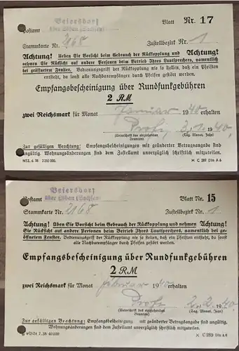 Empfangsbescheinigung über Rundfunkgebühren 2 Stück 1940 Beiersdorf