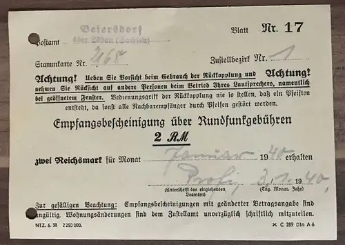 Empfangsbescheinigung über Rundfunkgebühren 2 Stück 1940 Beiersdorf