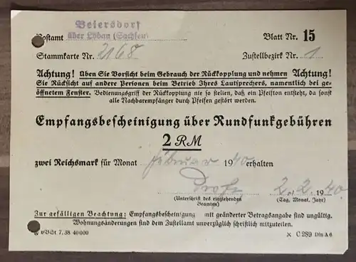 Empfangsbescheinigung über Rundfunkgebühren 2 Stück 1940 Beiersdorf