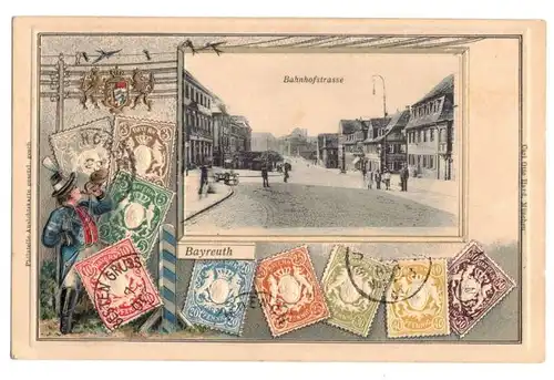 Litho Ak Bayreuth Bahnhofstrasse Briefmarken geprägt 1911