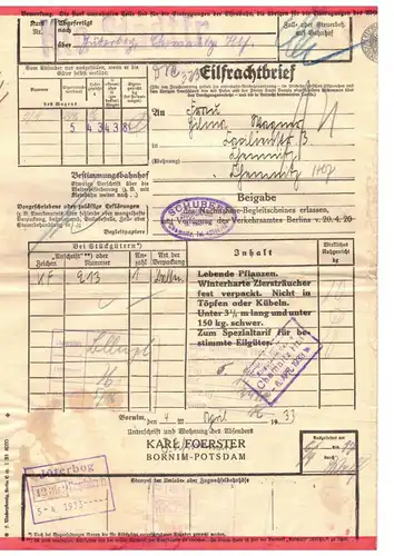 Reichsbahn Frachtbrief Foerster Bornum Potsdam Chemnitz 1933 Pflanzen 