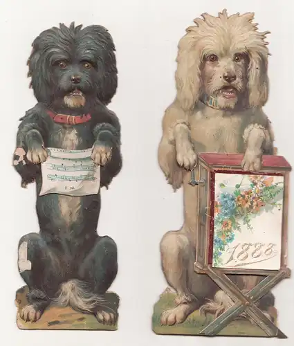 Zwei Hunde / Kalenderhalter ? 1888 stark geprägte Pappe * kurios !