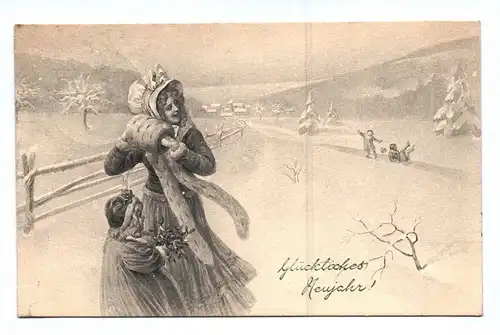 Ak Glückliches Neujahr 1908 Frau mit Kind im Winter