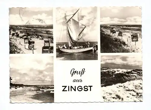 Ak Gruß aus Zingst DDR 1960 Strand Boot Kliff