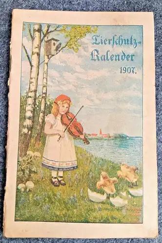 Alter Kalender 1907 Mädchen mit Violine und Küken Tierschutzkalender