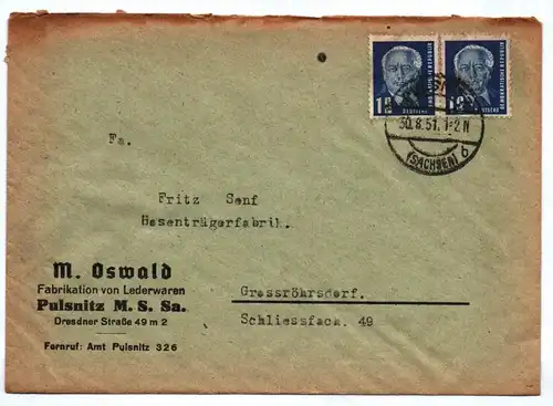 Brief M. Oswald Fabrikation von Lederwaren Pulsnitz Firmenbrief DDR 1951