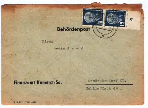 Behördenpost Finanzamt Kamenz Sachsen 1951 DDR