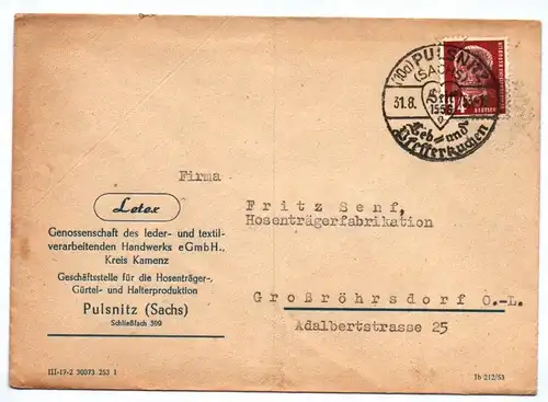 Firmenbrief DDR 1953 Letex Genossenschaft Leder Textil Kamenz