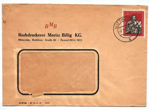 DDR Firmenbrief 1959 BMB Buchdruckerei Moritz Billig KG Mittweida