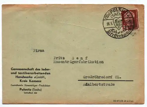 Brief Genossenschaft Handwerk Kreis Kamenz Geschäftsstelle Pulsnitz DDR 1952