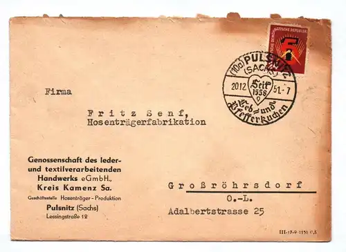 DDR Brief Pulsnitz Genossenschaft Leder Textil Handwerk 1951