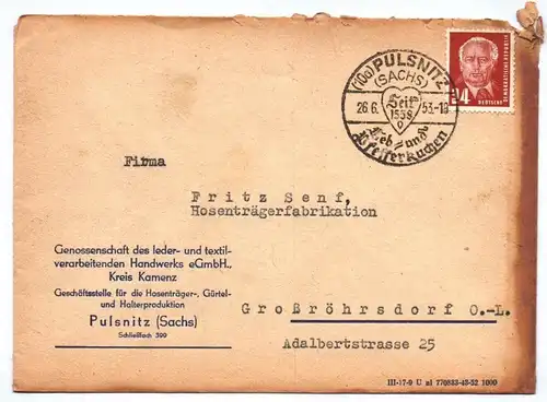 Genossenschaft Leder Textil Handwerk Kamenz Stelle Pulsnitz DDR 1953 Brief