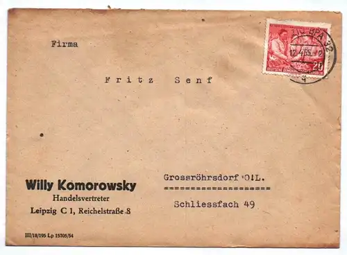 Willy Komorowsky Handelsvertreter Leipzig DDR Brief 1955