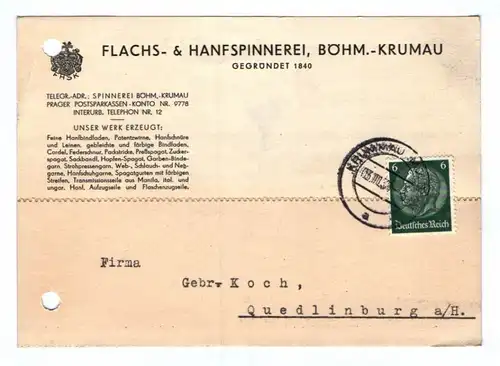 Firmen Drucksache Flachs und Hanfspinnerei Böhmen Krumau 1939 Český Krumlov