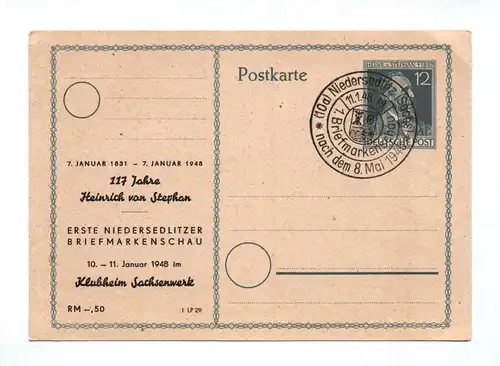 Ganzsache Niedersedlitz Sachsen 1948 Briefmarkenschau Kurhaim Sachsenwerk