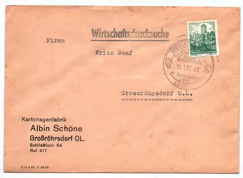 Wirtschaftsdrucksache Kartonagenfabrik Albin Schöne Großröhrsdorf OL 1962 DDR