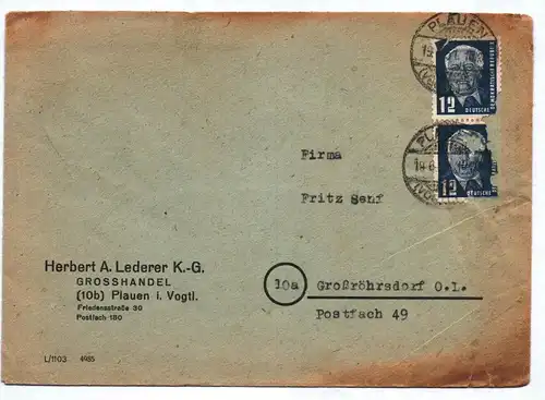 Brief Herbert A. Lederer KG Grosshandel Plauen im Vogtland DDR 1951