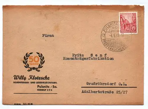 Brief Willy Klotzsche Hosenträger und Lederwarenfabrik Pulsnitz Sachsen DDR 1959
