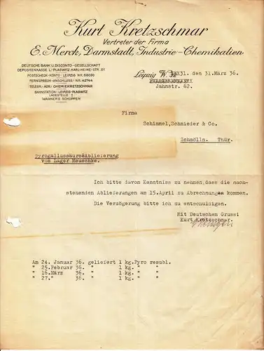Dokument Briefkopf Kurt Kretzschmar Vertreter Industrie Chemikalien Leipzig (D1
