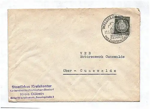 Brief Staatliches Kreiskontor an VEB Motorenwerk Ober Cunewalde ca 1957