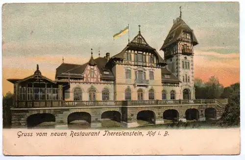 Litho Ak Hof Saale Bayern Gruss vom neuen Restaurant Theresienstein 1910er