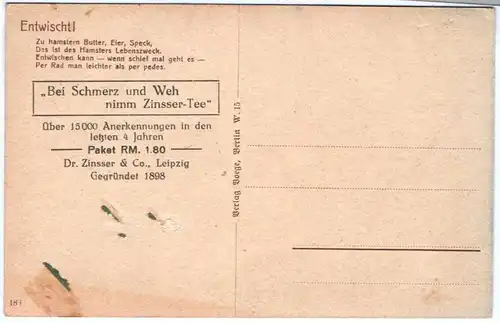 Reklame Ak Zinsser Tee vermenschlichter Hamster fährt Fahrrad 1930er