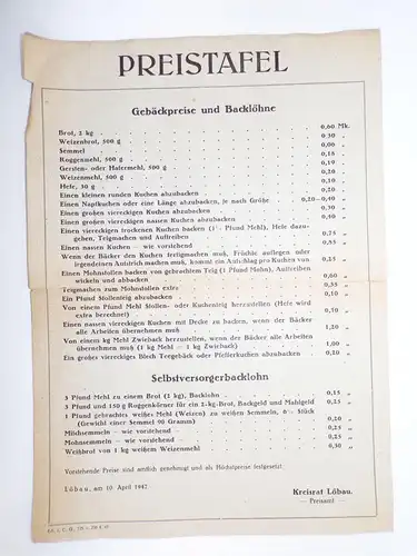 Preisliste Bäcker Backlöhne Preistafel Löbau 1947 Zeitzeugnis