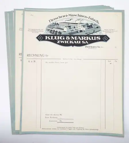 Litho Briefkopf Zwickau Klug u Markus Fleischerei Maschinen Fabrik 10 Stück