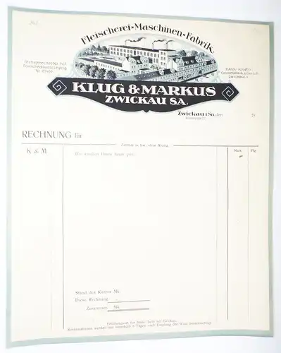 Litho Briefkopf Zwickau Klug u Markus Fleischerei Maschinen Fabrik 10 Stück