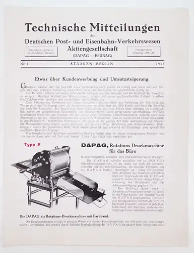 Mitteilung Deutsche Post Eisenbahn Verkehrswesen DAPAG 1925 Druckmaschine