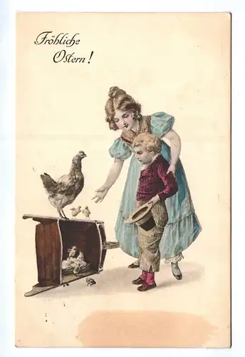 Ak Fröhliche Ostern Frau mit Kind und Huhn 1910