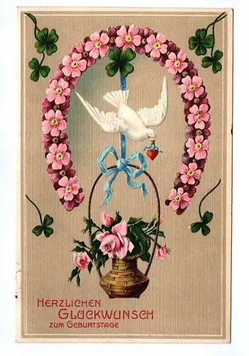 Ak Taube mit Blumen Herzlichen Glückwunsch zum Geburtstage 1915