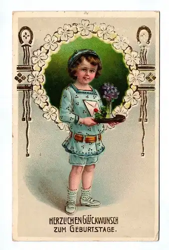 Ak Mädchen mit Blumen 1913 Herzlichen Glückwunsch zum Geburtstage Gold geprägt