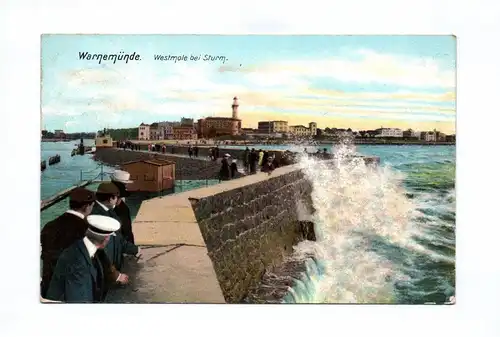 Ak Warnemünde Westmole bei Sturm 1909