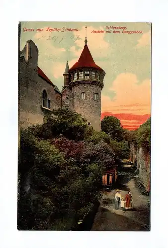 Ak Gruss aus Teplitz Schönau Schlossberg Ansicht mit Burggraben Tschechien 1907