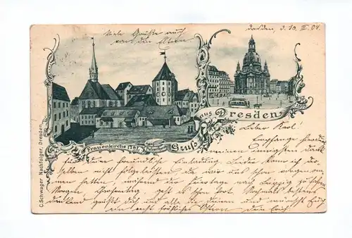 Litho Ak Gruß aus Dresden Frauenkirche Pulverthurm 1904