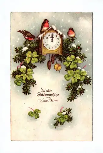 Ak Uhr mit Schnee Kleeblätter Vögel Die besten Glückwünsche zum neuen Jahre 1936