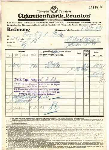 Werbe Rechnung Cigarettenfabrik Reunion Obercunnersdorf 1933 
