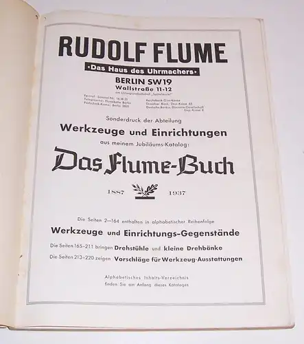 Uhrmacher Katalog Rudolf Flume Berlin Werkzeuge & Werkstattbedarf 1937 selten !