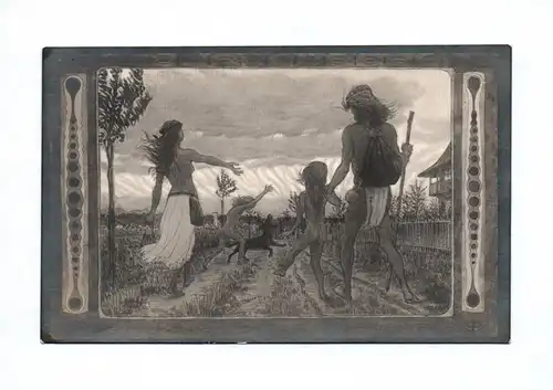 Künstler Foto Ak von Fidus Nach Hause um 1930 Familie mit Hund